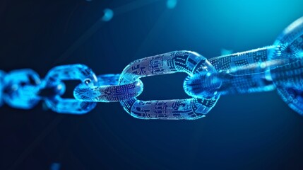 Poster - Abstract  chain image on blue background. Link protection, blockchain technology, cooperation symbol. Communication, security, internet safety, connected concept.