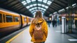Back view woman in casual clothes walking on platform towards train door on railway station in London, United Kingdom.


