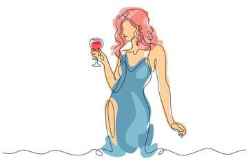 Wall Mural - A woman in a blue dress. Lady with a glass of wine in hand. Red wine. Abstract flat color illustration.One continuous line . Line art. Minimal single line.White background. One line drawing.