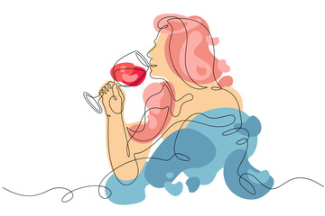 Wall Mural - A woman in a blue dress. Lady with a glass of wine in hand. Red wine. Abstract flat color illustration.One continuous line . Line art. Minimal single line.White background. One line drawing.