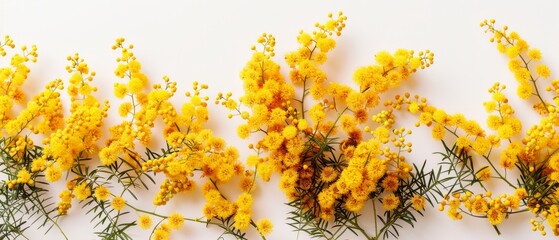 Sticker - The bouquet of yellow fresh mimosa flowers is isolated on white background. Easter, Mother's Day holiday greeting card. Flat lay.