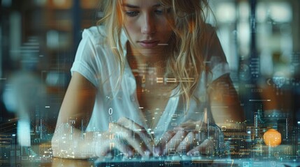 Poster - Unrecognizable businesswoman wearing white shirt and using calculator at an office. Infographics. Two-toned image mockup.