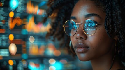 Poster - A hologram hud, a woman reviewing a finance chart, a stock market database, or a futuristic night overlay. A forex investment dashboard, a web ecommerce site, or an African trader trading NFT or