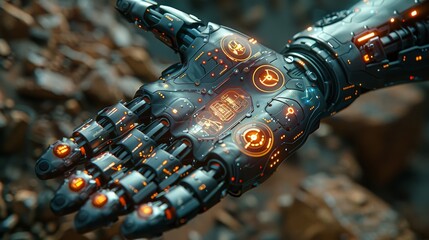 Poster - Futuristic template medical interface hud rendering showing a Cyborg hand