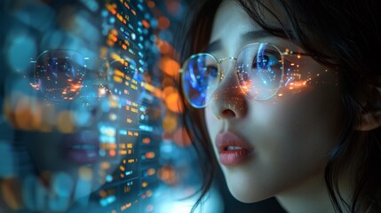 Aufkleber - An Asian woman watches hologram screens in a business setting.
