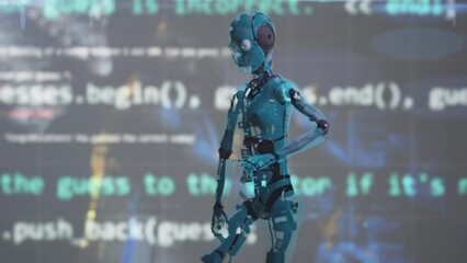 Wall Mural - dancing artificial intelligence robot with screen behind with programming code langugage. software c