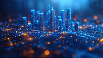 Fototapete - Wi-Fi smart city or network. Low poly wireframe. Building automation with computer board illustration. Isolated on a dark blue background. Plexus points and lines. Wireless smart city or network.