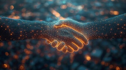 Aufkleber - Two hands handshake in silhouette in a starry sky. Concept of future and innovation. Particles are connected in a geometric silhouette with plexus lines.