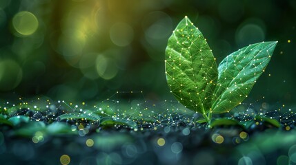 Aufkleber - Abstract illustration for alternative medicine or ayurveda. Concept of sprouting tree leaves. Low poly wireframe. Particles form geometric shapes.