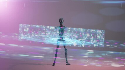Wall Mural - ai humanoid robot dancing with abstract radial digital shapes leds wall. modern digital background