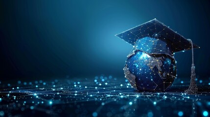 Poster - Polygonal abstract isolated on dark background. Low poly wireframe style graduation cap for Earth. E-learning distance learning. Internet education course.