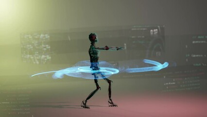 Wall Mural - slow motion dancing robot animation with skeleton mechanical cyborg moving in programming data overl