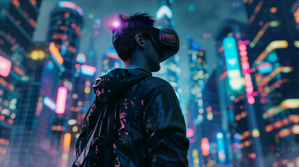 Wall Mural - Selective focus of Young Caucasian man uses VR in virtual reality game in technology city.