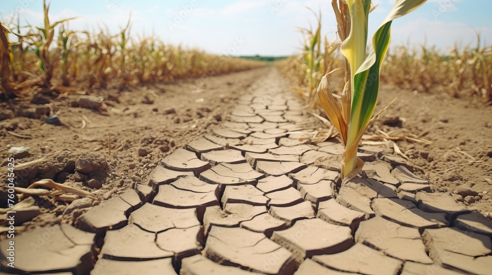 Corn Field Problem Corn field during drought, hot weather, cracked ground, dry soil ...