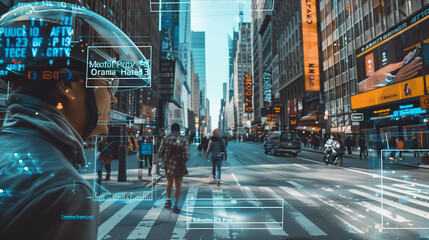 Selective focus of ar glasses view, city street with program command buttons and text floating in the air.