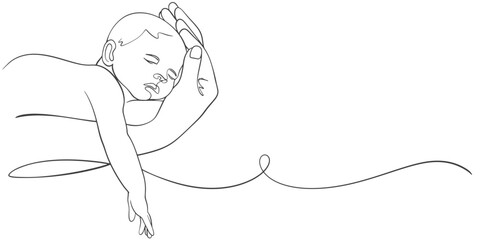 Wall Mural - Line art drawing illustration of a baby. Vector minimalist line drawing of small cute baby sleeping on hand