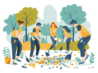 Wall Mural -  A group of volunteers tirelessly clean up a local park removing litter and debris to create a cleaner and more enjoyable space for the community. 