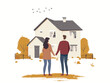  A young couple holds hands and gazes at their newly constructed house excited to build a future together. 