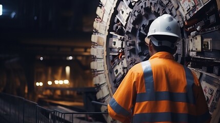 Technician control underground tunnel construction at working shaft to maintenance.Transport pipeline by Tunnel Boring Machine(TBM) method for train.


