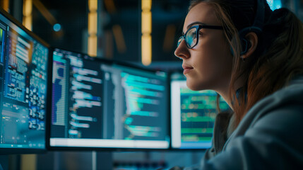 Caucasian female programmer working, coding computer program in office.