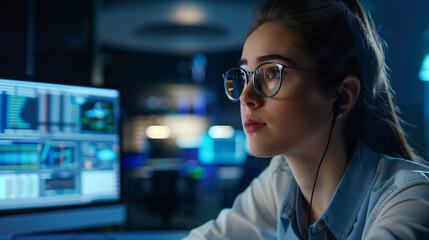 Caucasian female programmer working, coding computer program in office.