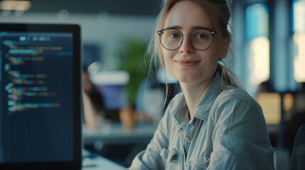 Caucasian female programmer working, coding computer program in office.
