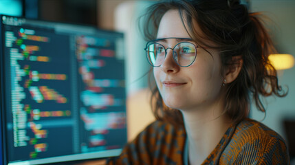 Caucasian female programmer working, coding computer program in office.