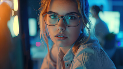Caucasian female programmer working, coding computer program in office.