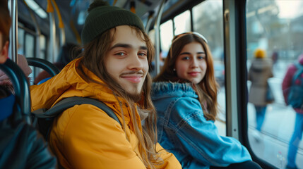 Caucasian people traveling on a bus.