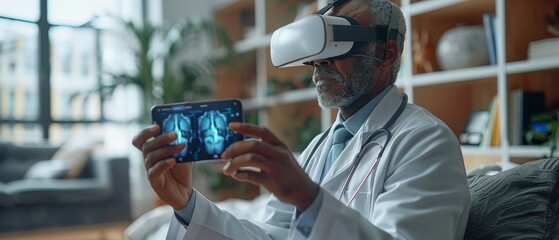 Poster - In this telemedicine concept, the medical doctor is using their hand-held smartphone to communicate with the patient online using a VR medical interface.