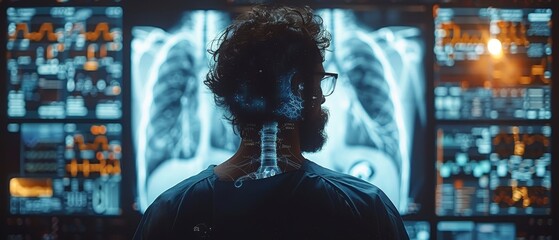 Aufkleber - An anthropologist working on a modern interface screen to diagnose and treat virtual human lungs and long CAVID 19. An innovative concept in healthcare and medicine that integrates innovative medical