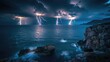 Nighttime ocean lit by lightning, strikes from cliff view show sea's dark drama