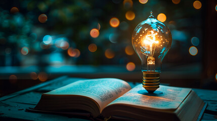 light bulb glowing on book, idea of ​​inspiration from reading, innovation idea concept, Self learning or education knowledge and business studying concept