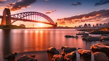 Sydney Harbour Bridge At Sunset, Australia. Long Exposure, Sydney Harbour Bridge At Sunset, AI Generated