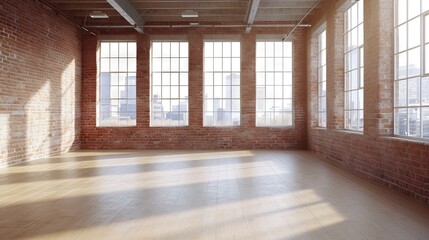 Canvas Print - Empty interior with brick walls, wooden floor and window with city view