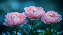  Three Pink Flowers With Raindrops On Them In Front Of A Blue Background With Water Droplets On The Petals.
