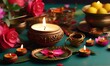 candles and flowers ,oil lamp with beatiful flower on green background for  Tamil New Year 