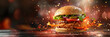 Fresh crispy crunchy savoury, spicy hamburger flying against a backdrop of spices and fire, panning with room for your text