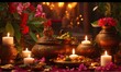 A table with candles and a vase with red roses in the background ,for  Tamil New Year 