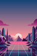 Retro-futuristic 80s synthwave landscape with neon sunset. Cyberpunk mountain, grid. Featuring purple vintage nostalgic electronic aesthetic. Futuristic. poster desert Mexico background with cactus