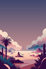 Wall Mural - Mexican poster desert Mexico background festive backdrop with cactus for festival Cinco de mayo. Vector illustration of a tranquil landscape with palm trees against a sunset sky