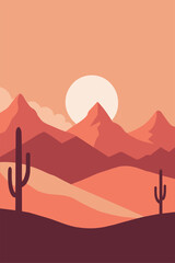 Wall Mural - Stunning digital art illustration of a tranquil desert sunset landscape with cacti, mountains, and a warm orange color palette, perfect for southwestern travel destinations and outdoor adventure