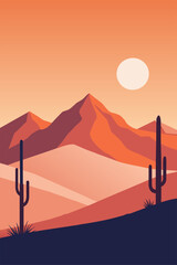 Wall Mural - Mexican poster desert Mexico background festive backdrop with cactus for festival Cinco de mayo. Serene vector illustration of a desert sunrise, with cacti silhouettes against vibrant mountains