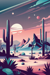 Wall Mural - Vibrant digital vector illustration of a peaceful desert sunset landscape with cacti. Mountains. And exotic flora. Showcasing the tranquil and serene nature of the southwest wilderness during dusk