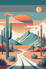 Wall Mural - Mexican poster desert Mexico background festive backdrop with cactus for festival Cinco de mayo. Warm sunset with majestic cacti foreground, serene desert mountains