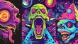There are 19 psychedelic rave trip party banner templates in this set: martian head and mouth with tongue, pyramid with eye and disco ball, acid backgrounds, modern cartoon hippie posters.