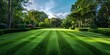 Focused shot on meticulously striped and perfectly manicured lawn by professionals. Concept Landscaping Photography, Precision in Greenery, Striped Lawns, Professional Lawn Care
