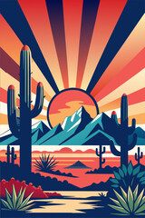 Wall Mural - Stylized vector illustration of a vibrant desert sunset with cactus. Mountains. And colorful sky in a retro style. Portraying the tranquil and serene beauty of the arid southwestern landscape