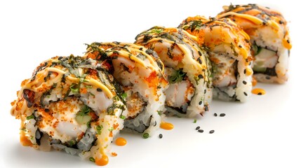 Wall Mural - Delicious sushi roll isolated on white, japanese cuisine concept. fresh seafood sushi perfect for menu illustration. gourmet asian food. AI