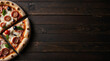 Top view, half of pizza on a table, wooden dark board. Food image with copy space. Food banner background.